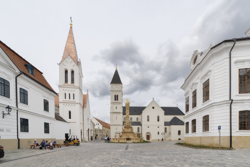 A veszprémi várnegyed, balra a Szent István király-templom, szemben a Szent Mihály-főszékesegyház