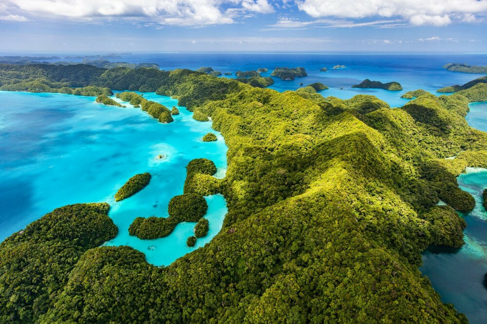 Beautiful view of Palau tropical islands and Pacific ocean from above