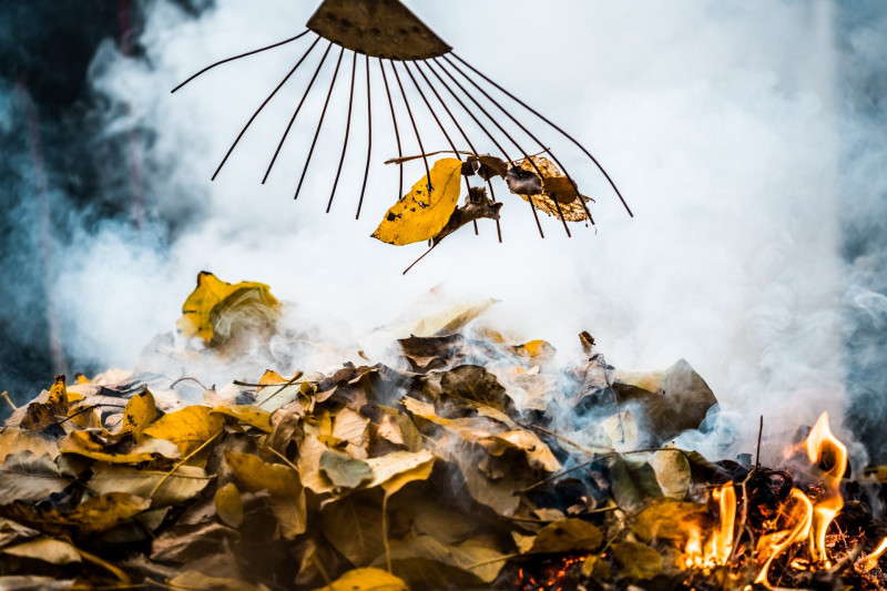 Burning. Autumn bonfire with smoke. Yellow leaves in the smoke.