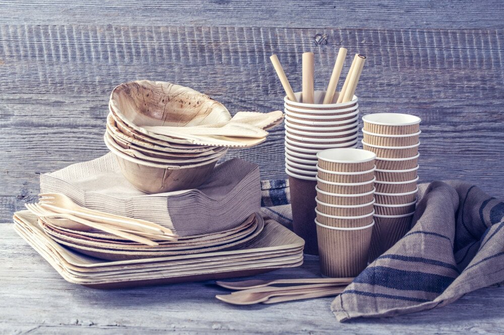 Eco friendly disposable tableware on a wooden background