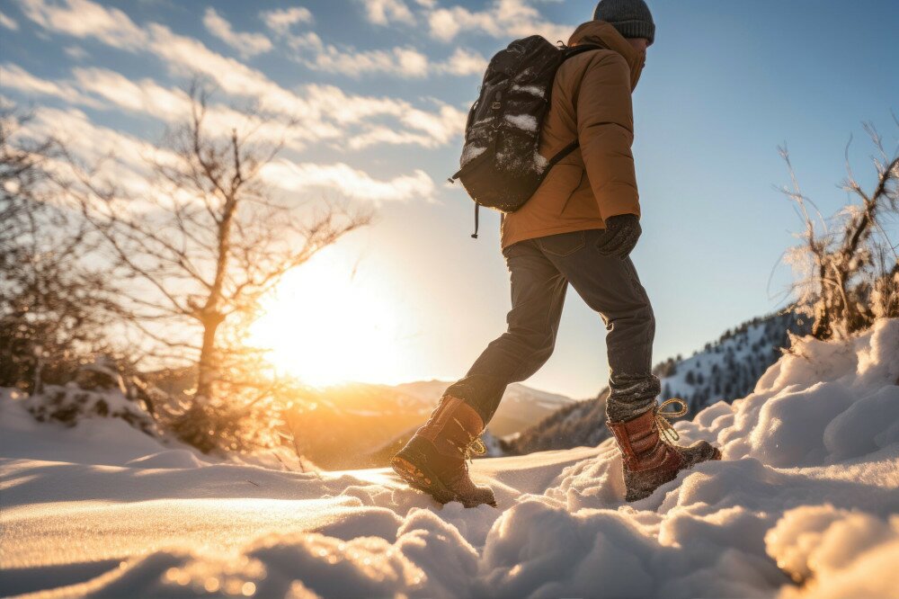 Hiker walking on snow covered trail in the mountains at sunset.